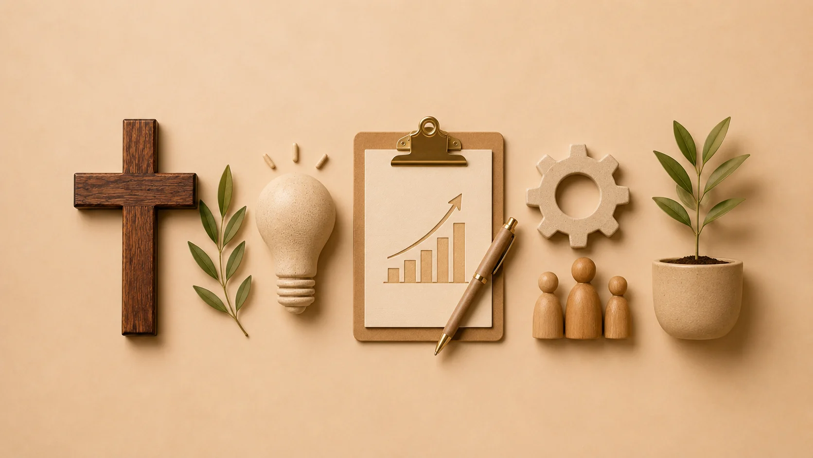 Minimal Christian featured image with cross, light bulb, growth chart, gear, pen, business figures, and plant symbolizing Bible Verses for Entrepreneurs, faith, business growth, leadership, and biblical wisdom.
