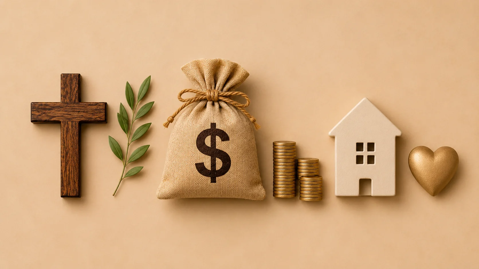 Minimal Christian featured image with cross, money bag, coins, olive branch, house, and golden heart symbolizing bible verses on wealth, prosperity, stewardship, faith, and financial blessings.