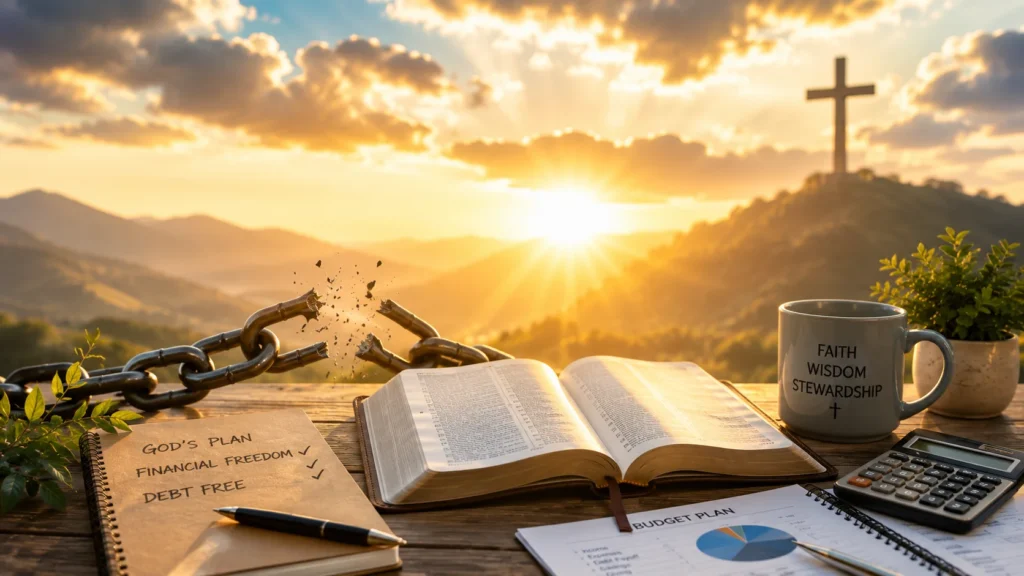 Christian financial freedom concept with broken chains, sunlight, and budgeting elements representing debt cancellation and biblical stewardship.