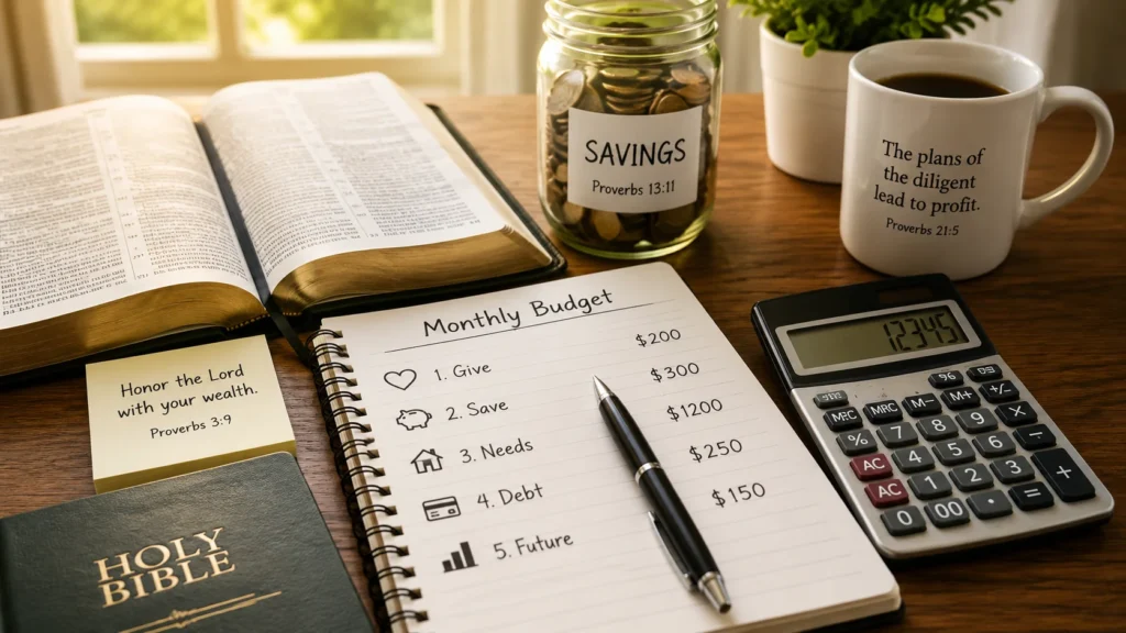 Bible, calculator, budget planner, and coins representing biblical financial planning, saving money, budgeting, and stewardship.
