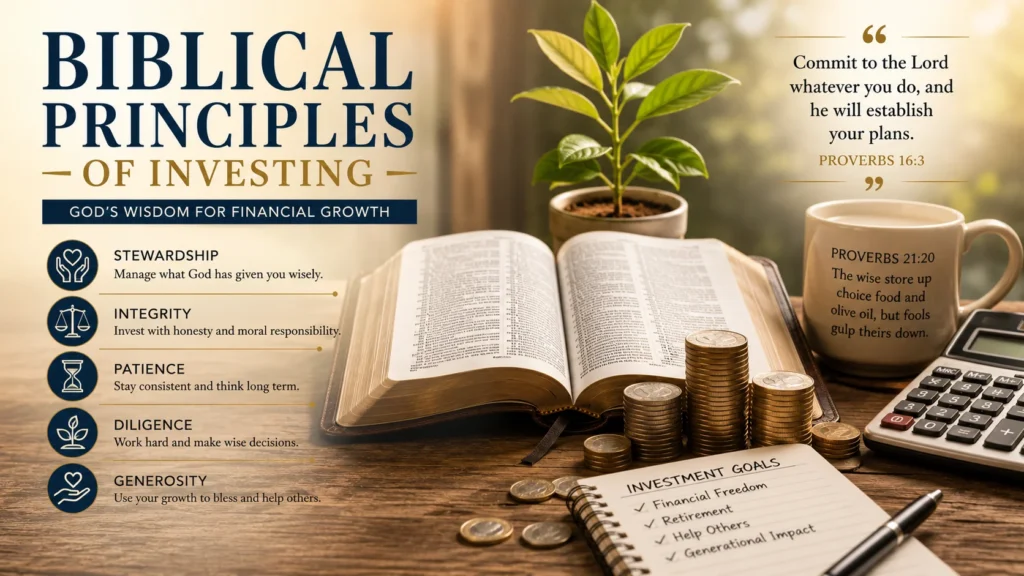 Bible, coins, calculator, and growing plant representing biblical principles of investing, stewardship, financial planning, and wealth management.