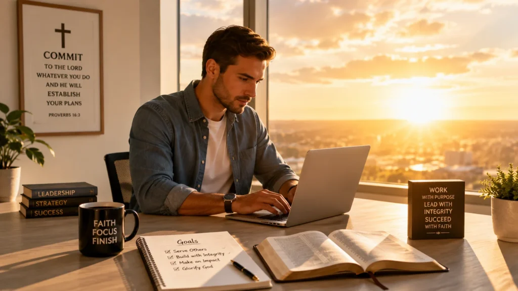 Christian entrepreneur working on laptop in peaceful workspace representing biblical business wisdom, entrepreneurship, leadership, and faith.