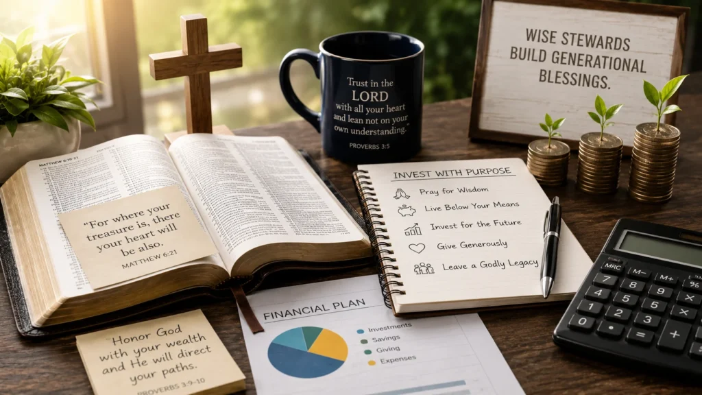 Christian financial planning workspace with Bible, notebook, and investment tools representing biblical wealth building and wise stewardship.