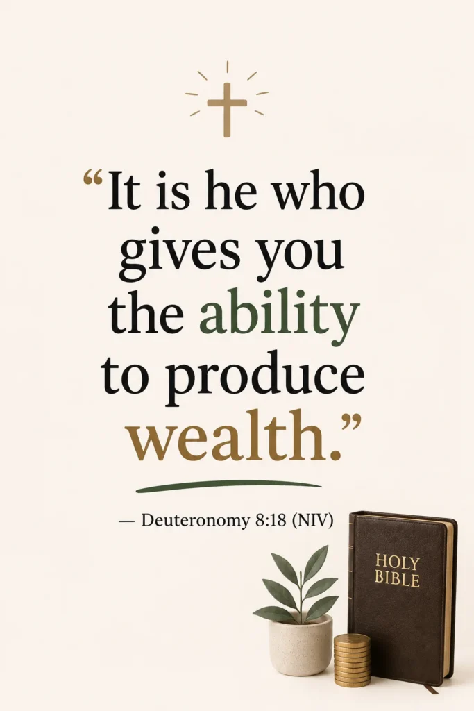 Minimal Christian Pinterest pin featuring Deuteronomy 8:18 with Bible, coins, and soft neutral background representing God’s provision, financial wisdom, and biblical stewardship.