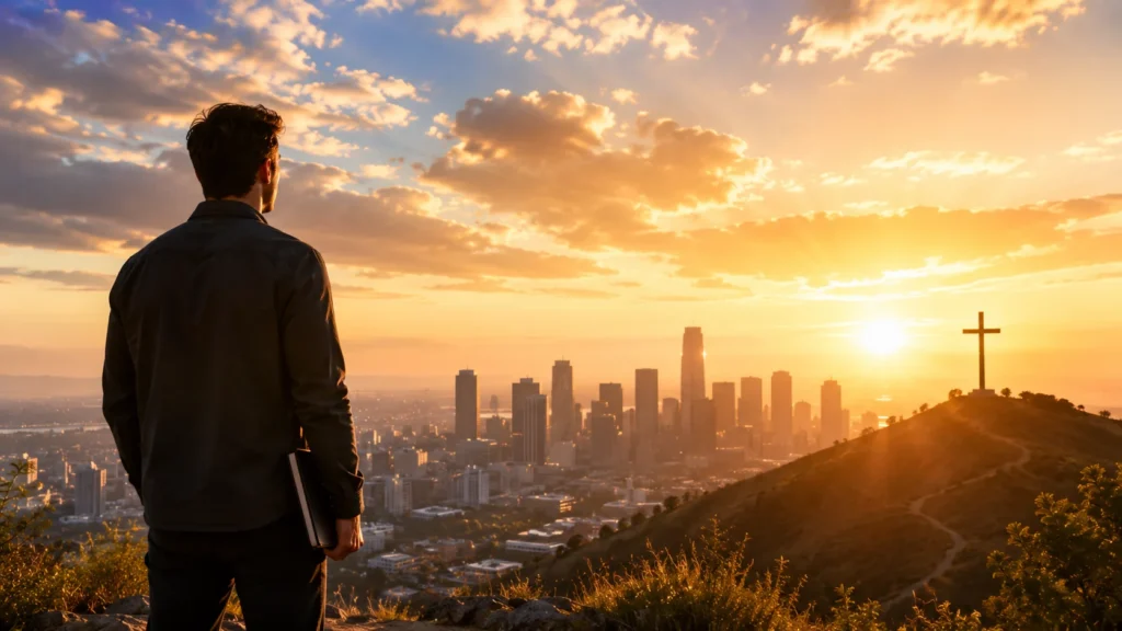 Christian entrepreneur overlooking city at sunrise representing faith, leadership, entrepreneurship, business growth, and biblical wisdom.