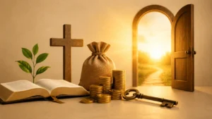 Symbolic Christian featured image with open door, Bible, cross, key, coins, and growing plant representing Bible Verses for Financial Breakthrough and Open Doors, faith, and God’s provision.