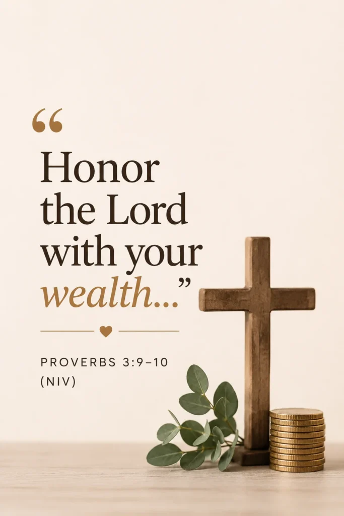 Minimal Christian Pinterest pin featuring Proverbs 3:9–10 with wooden cross, coins, and soft neutral background representing biblical financial stewardship and honoring God with wealth.
