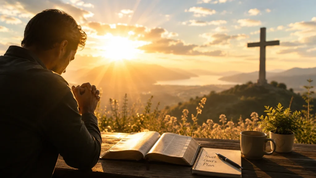 Christian praying for debt cancellation and financial breakthrough with heavenly sunlight and peaceful atmosphere.