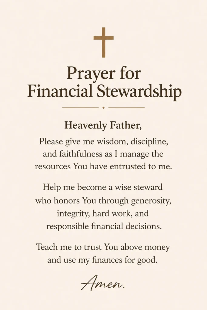 Minimal Christian prayer Pinterest pin with soft neutral background and prayer for financial stewardship, wisdom, generosity, and faithful money management.