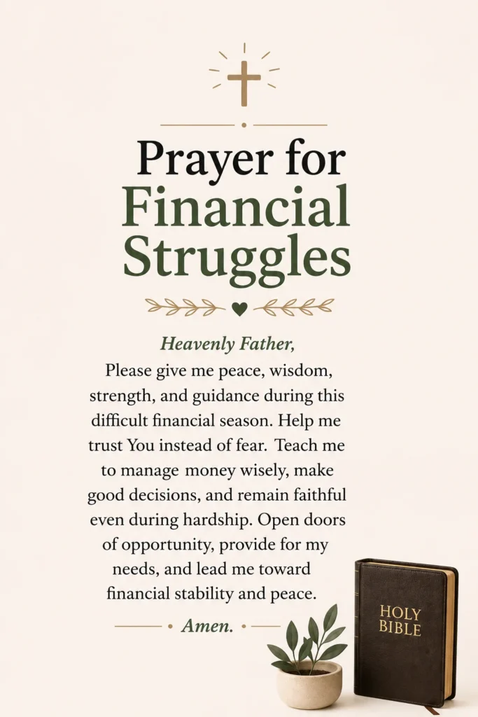 Minimal Christian prayer Pinterest pin with prayer for financial struggles, soft beige background, Bible, and peaceful faith-inspired design.