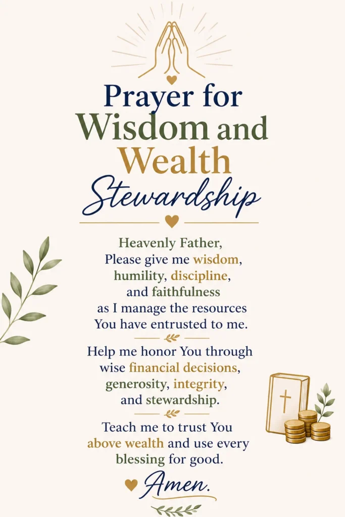 Minimal Christian Pinterest prayer pin featuring a prayer for wisdom, stewardship, generosity, and financial faithfulness with soft neutral background.