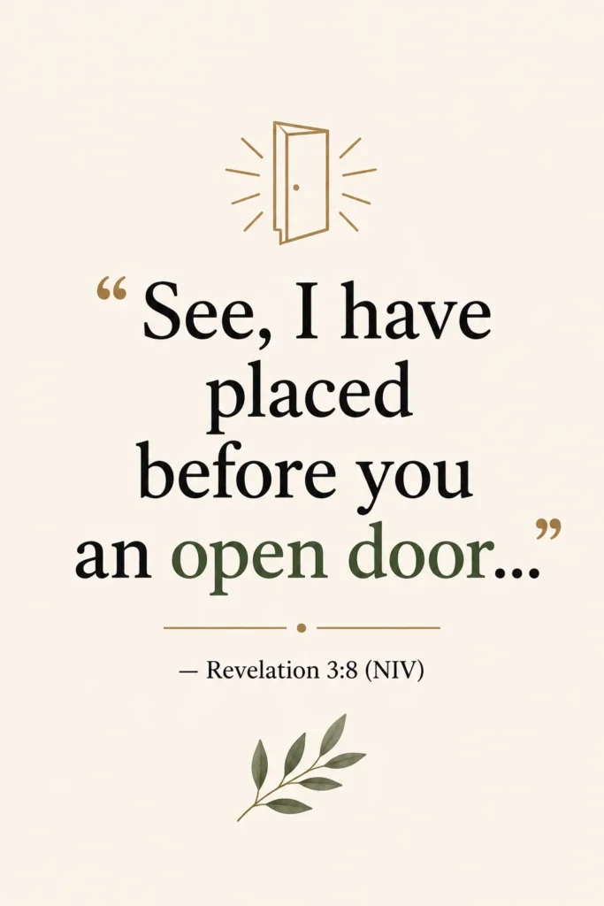Minimal Christian Pinterest pin featuring Revelation 3:8 with open door symbol and soft neutral background representing open doors, faith, opportunity, and God’s guidance.