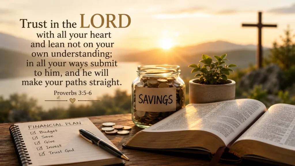 Christian saving money concept with Bible, coins, and peaceful financial planning workspace representing faith, stewardship, and trusting God with finances.