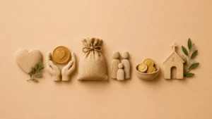 Minimal Christian featured image with heart, helping hands holding a coin, money bag, family, offering bowl, and church symbolizing Bible Verses on Giving Money, generosity, giving, stewardship, compassion, and biblical financial principles.