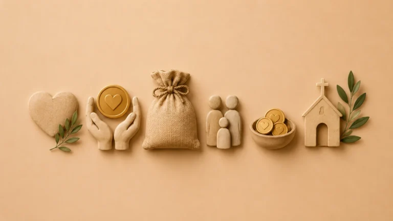 Minimal Christian featured image with heart, helping hands holding a coin, money bag, family, offering bowl, and church symbolizing Bible Verses on Giving Money, generosity, giving, stewardship, compassion, and biblical financial principles.