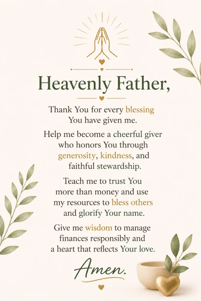Christian prayer Pinterest pin with a prayer for generosity, stewardship, kindness, and faithful giving on a soft heavenly background with elegant botanical elements.