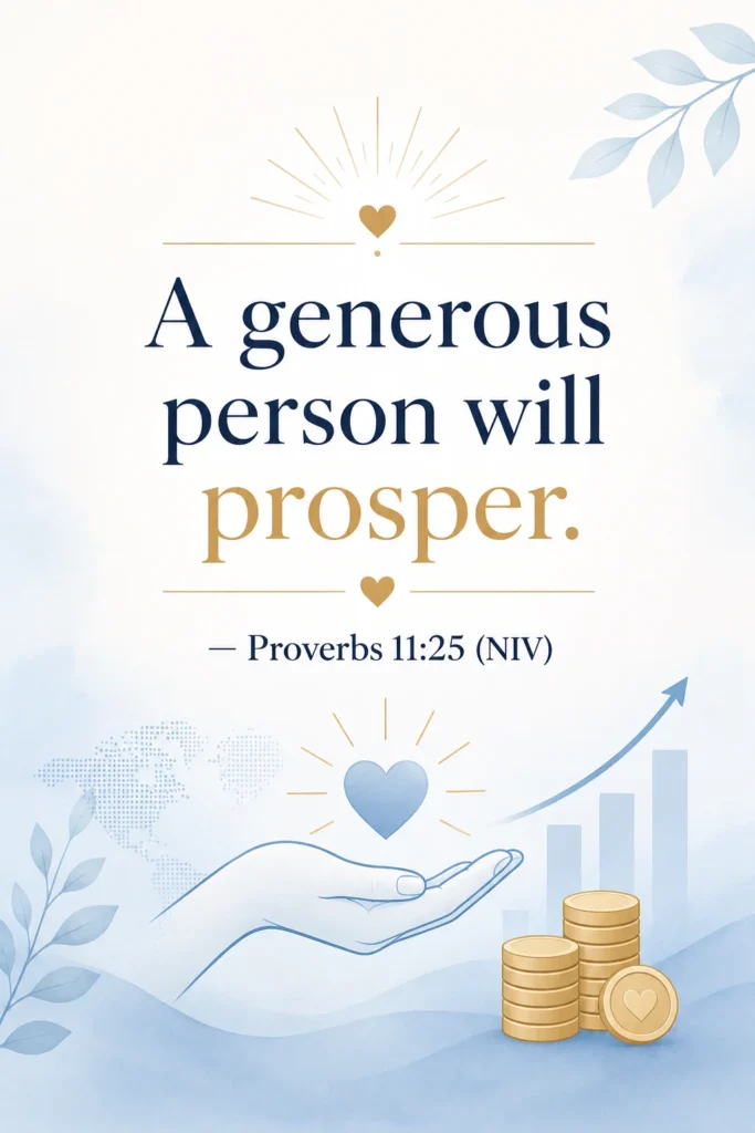 Christian Pinterest pin featuring Proverbs 11:25 with soft heavenly background, generous hand, heart, coins, and growth symbols representing generosity, blessing, and biblical stewardship.