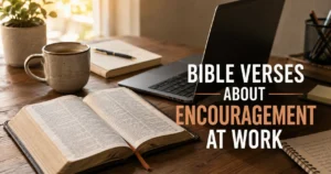 Bible verses about encouragement at work displayed over a desk and open Bible