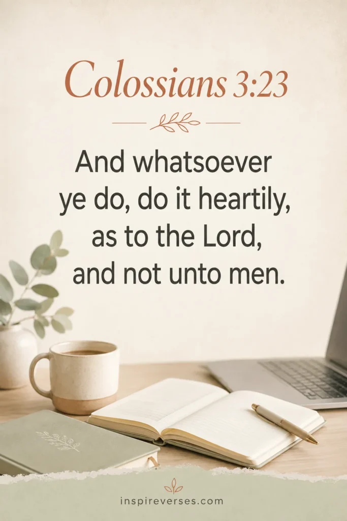 Pinterest graphic featuring Colossians 3:23 with the verse "And whatsoever ye do, do it heartily, as to the Lord, and not unto men." on a soft cream background with a cozy workspace including a coffee cup, journal, and laptop.