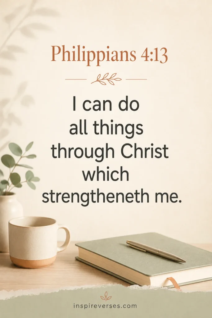 Elegant Pinterest Bible verse image displaying Philippians 4:13, "I can do all things through Christ which strengtheneth me," on a minimalist cream background with a journal, coffee mug, and soft workspace decor.
