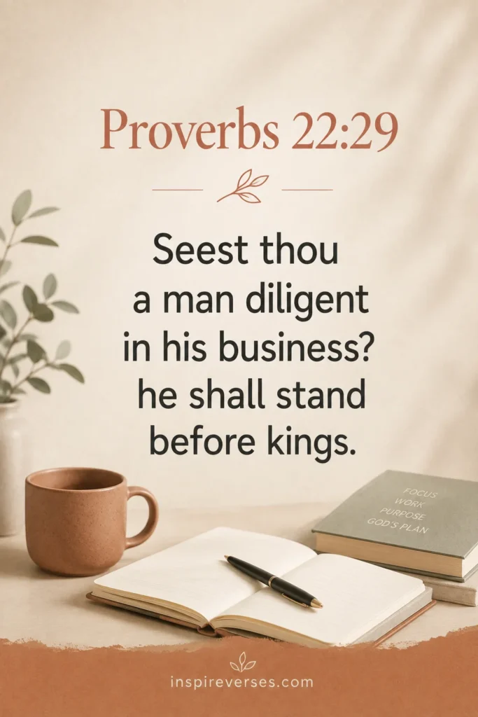 Inspirational Pinterest image featuring Proverbs 22:29 with the verse "Seest thou a man diligent in his business? he shall stand before kings." on a warm cream background with a journal, coffee mug, books, and a peaceful workspace.